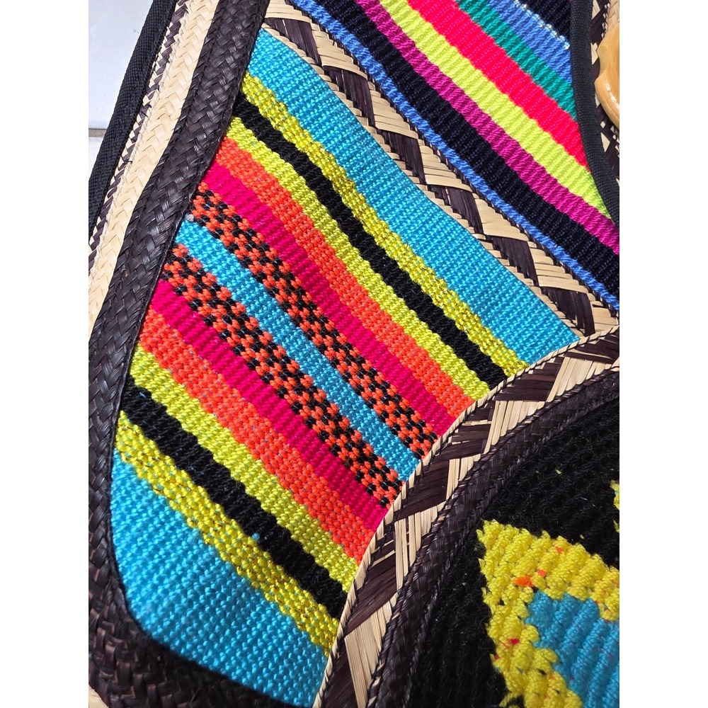 Boho Woven Straw Striped Tote Bag Multi Color Embroidered Floral Wooden F1 - Picture 6 of 16